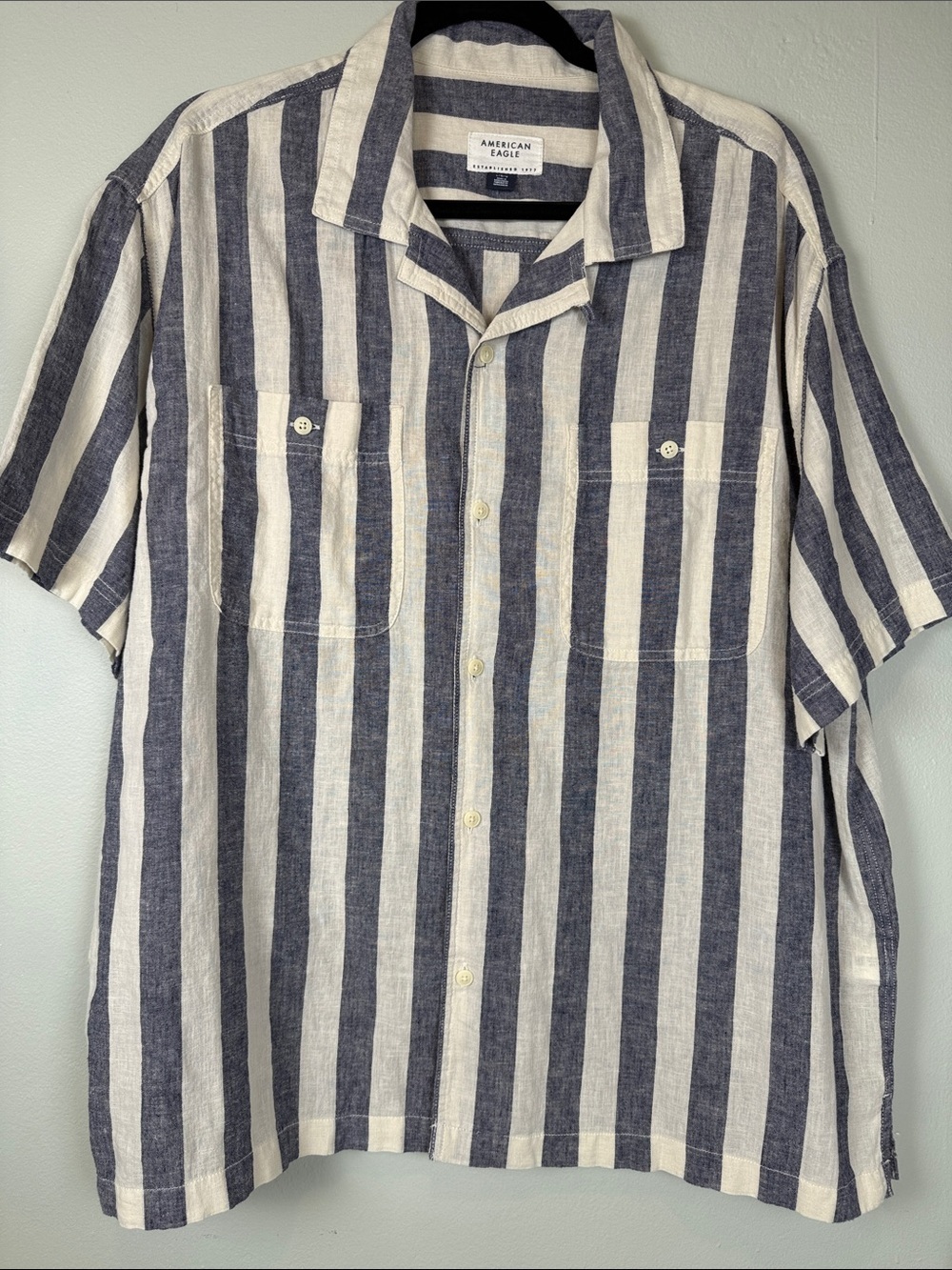 American Eagle Men’s Poolside Linen Blend Striped Camp Shirt Large EUC
